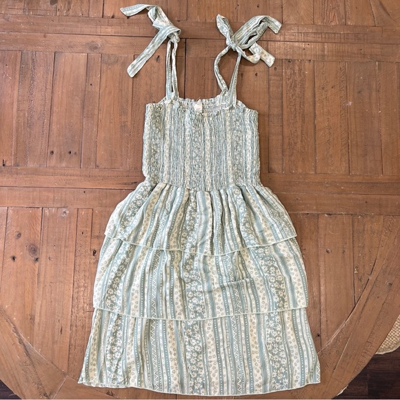 Lazy Sundays Anthropologie Dress Smocked Tie Bows Floral Stripe Layered Medium - Picture 1 of 10